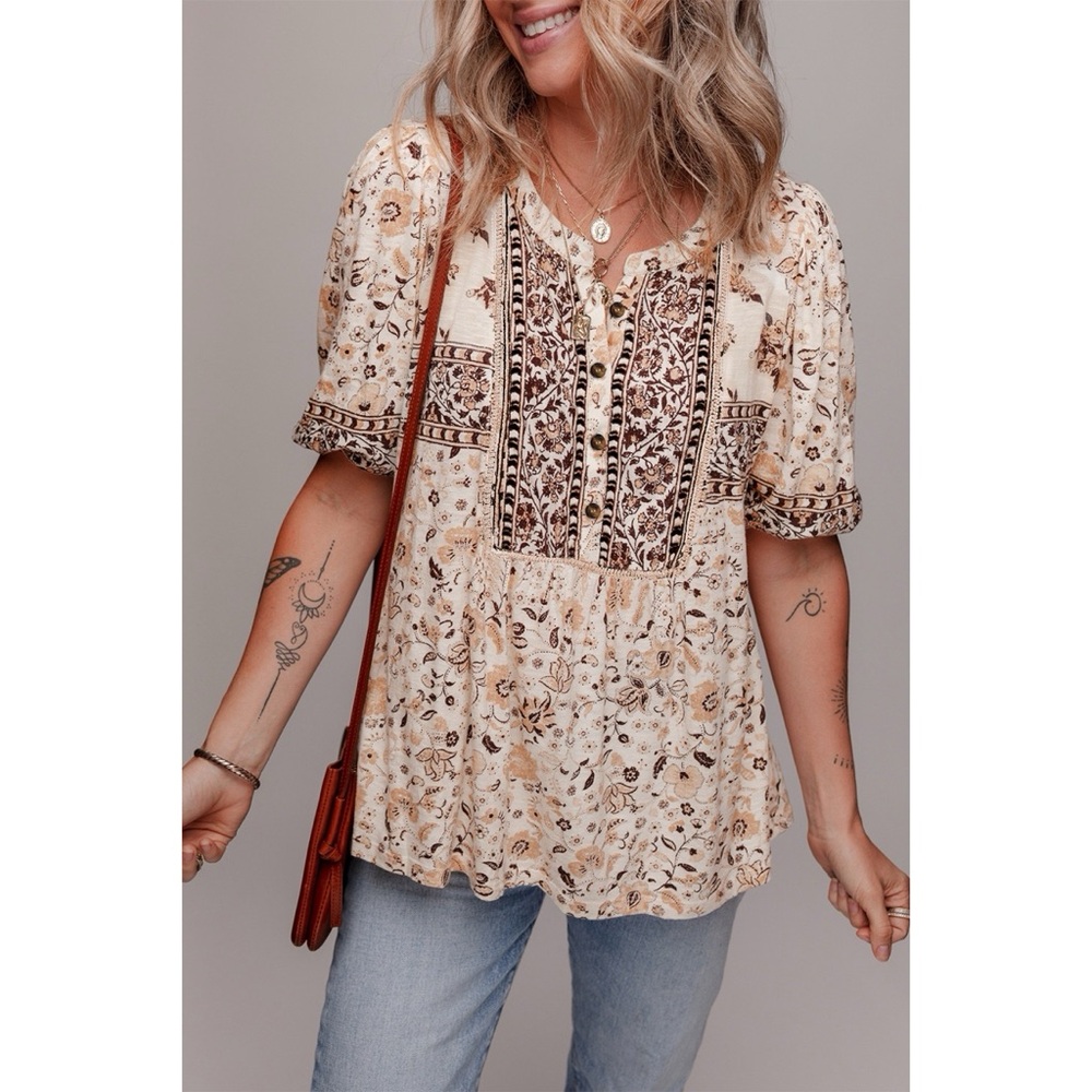 New Boho Floral Print Half Placket Short Sleeve Loose Blouse
